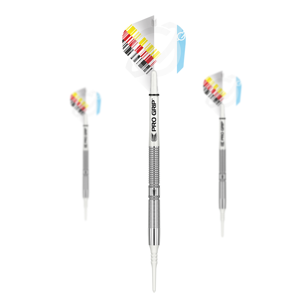 Das Bild zeigt drei Target Gabriel Clemens Generation One Softdarts. Die Darts haben silberne Griffe und Flights mit einem bunten Streifenmuster.